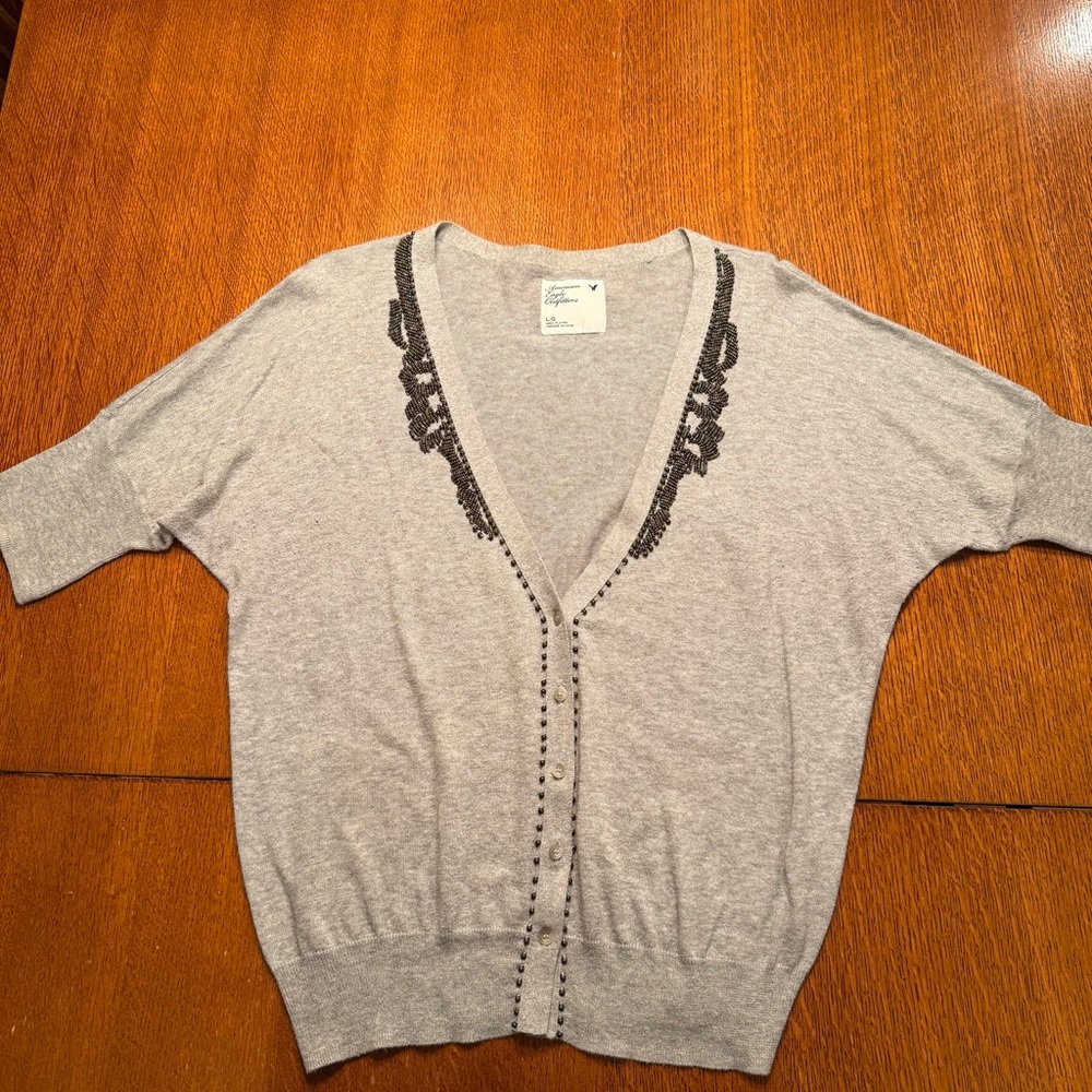 American Eagle Outfitters Gray Beaded Embellished Cardigan Sweater